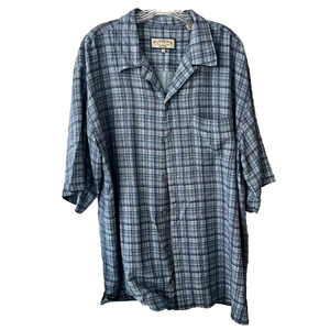 Pussers Island Reserve Shirt Mens Large Aqua Blue Stitched Plaid Silk Camp SS